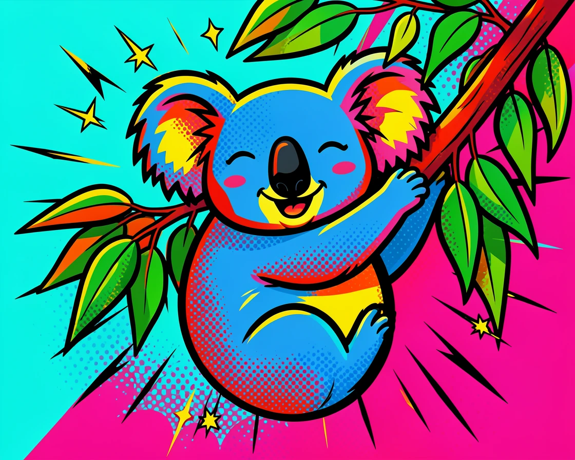 A sleepy koala caught in a candid, joyful moment
