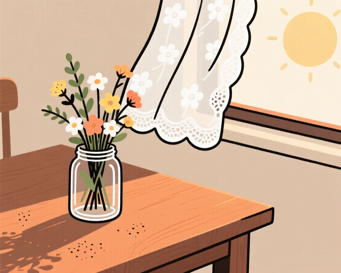 A wooden table holds a simple arrangement of fresh-cut wildflowers in a glass jar, lit softly by morning sun beside a lace curtain.