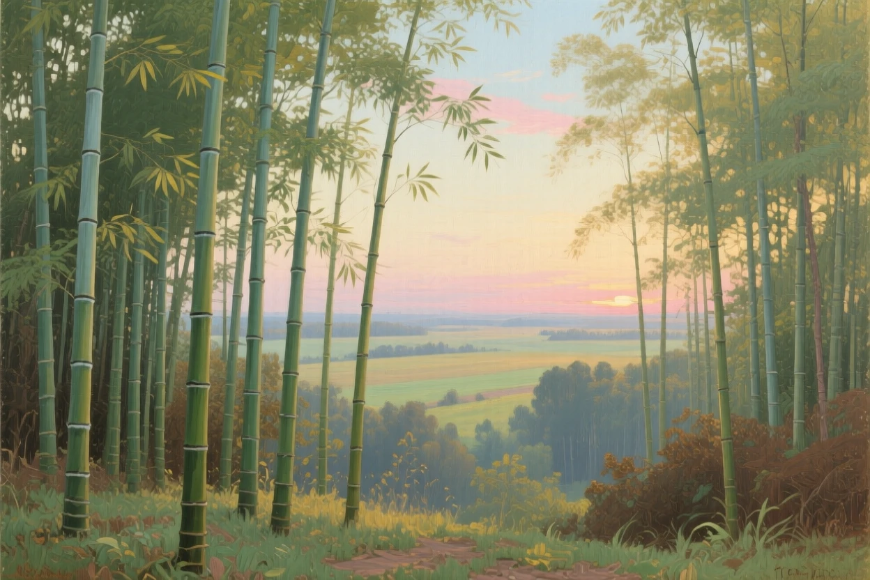 An expansive vista of a bamboo forest with tall stalks swaying in a gentle breeze, just after sunrise, in the American Midwest.