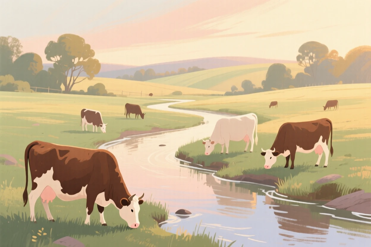 A pastoral scene of cattle grazing beside a winding creek