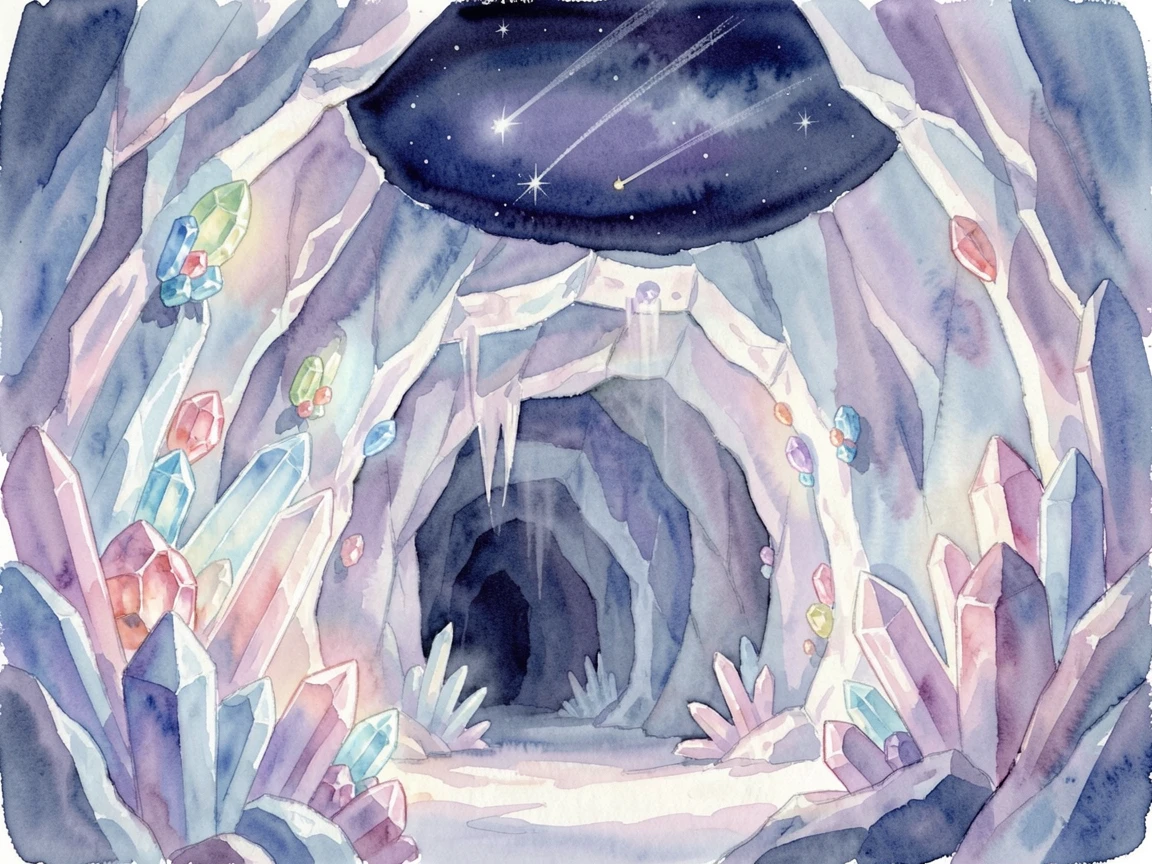 A crystal cave filled with softly glowing gems as shooting stars streak overhead.
