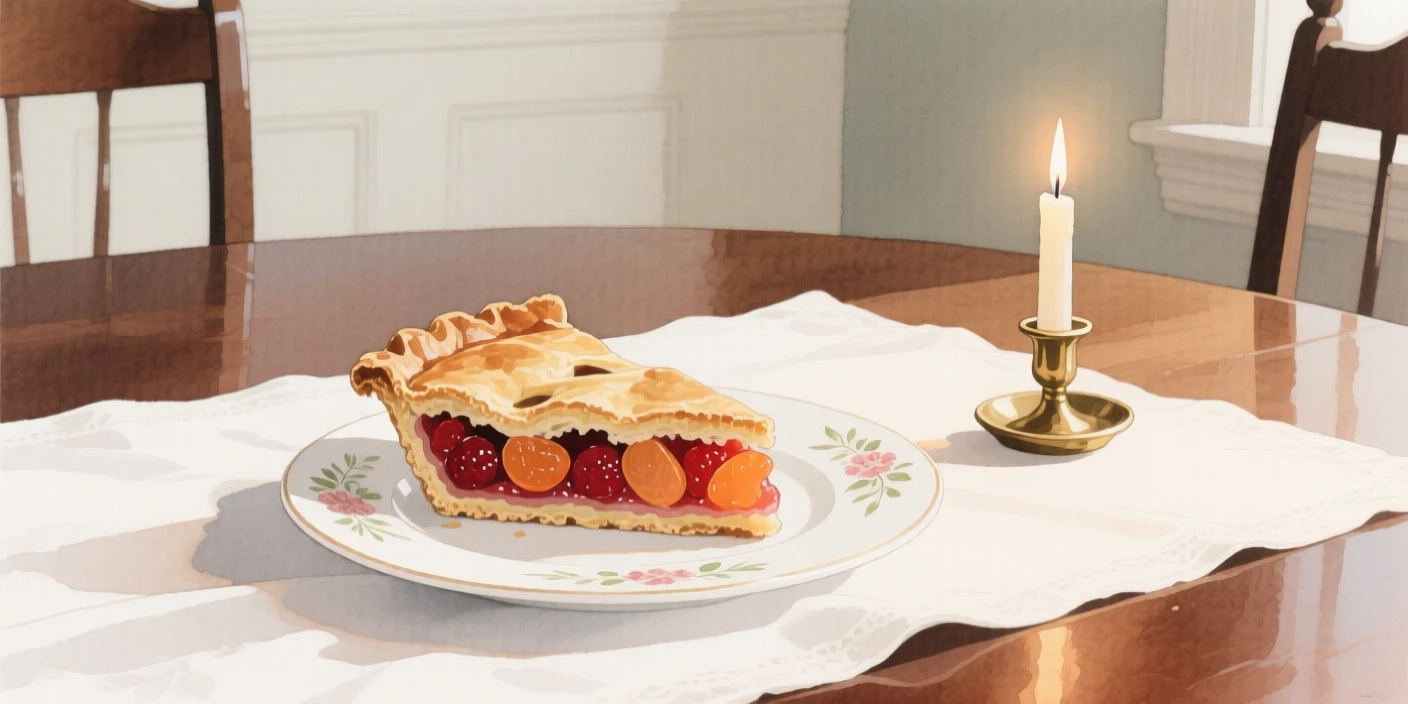 A slice of homemade pie sits with a candle flickering softly nearby in an elegant dining room, arranged beautifully for a delightful meal