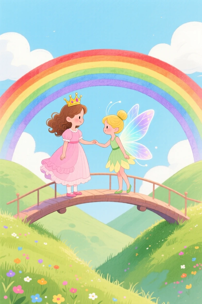 A little princess with a golden crown meeting a tiny fairy with glowing wings in a rainbow bridge between two hills.