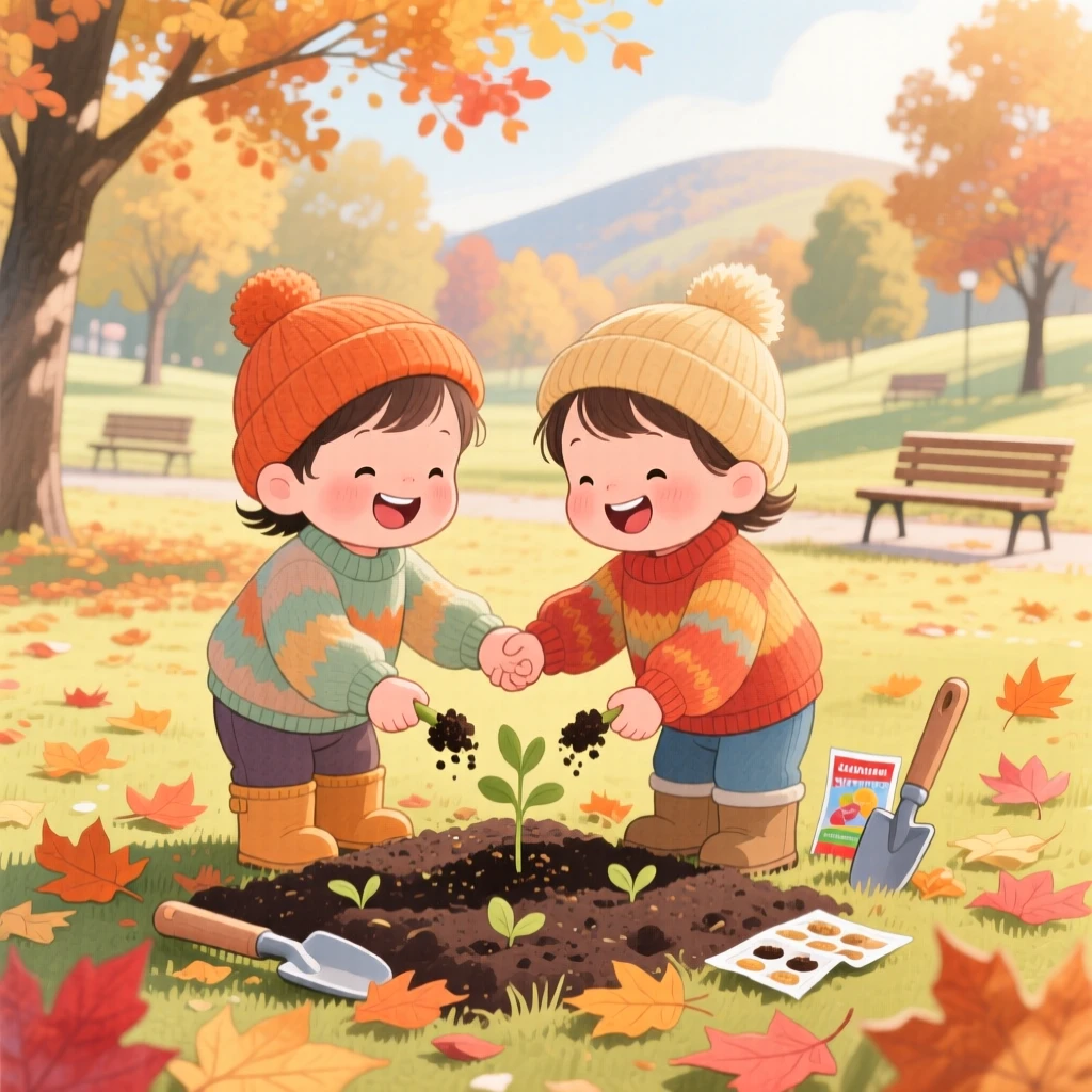 Twin toddlers holding hands planting seeds in a small garden plot, in a park filled with autumn leaves, full of innocent laughter and delight.