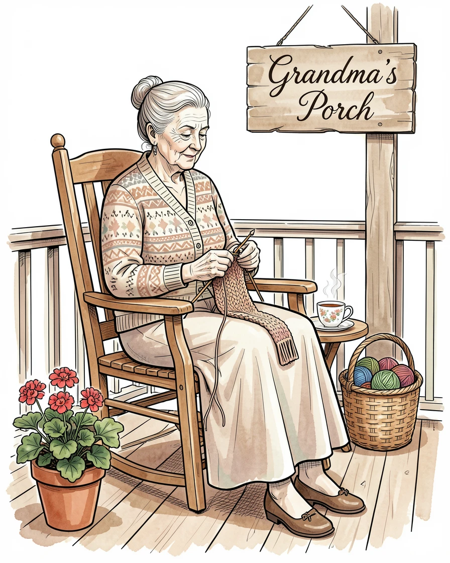A grandmother rocking gently in a porch chair while knitting, the surrounding setting adding a sense of everyday charm.