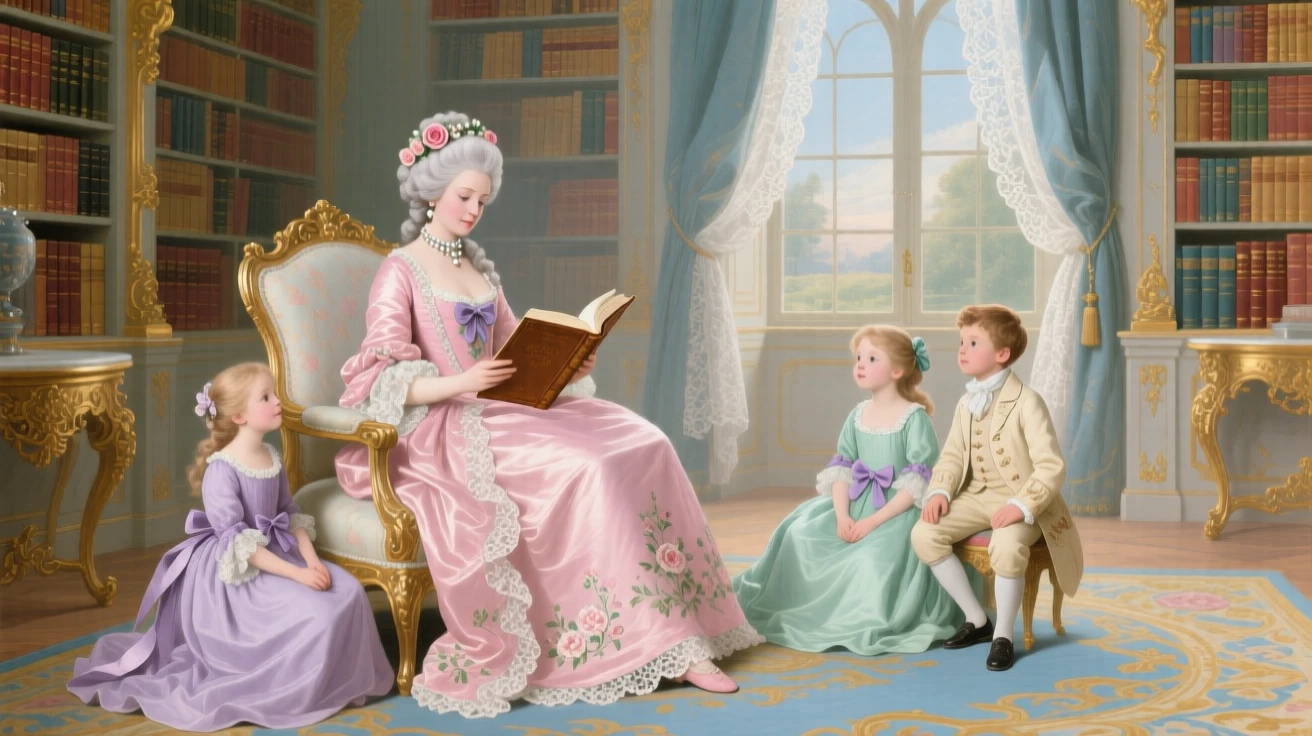 A queen reading stories to children in a palace library  