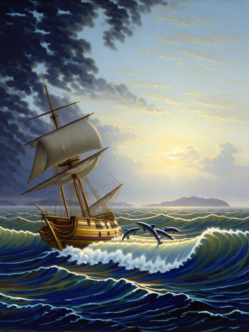 Dolphins leap alongside a wooden sailing vessel on the open ocean.