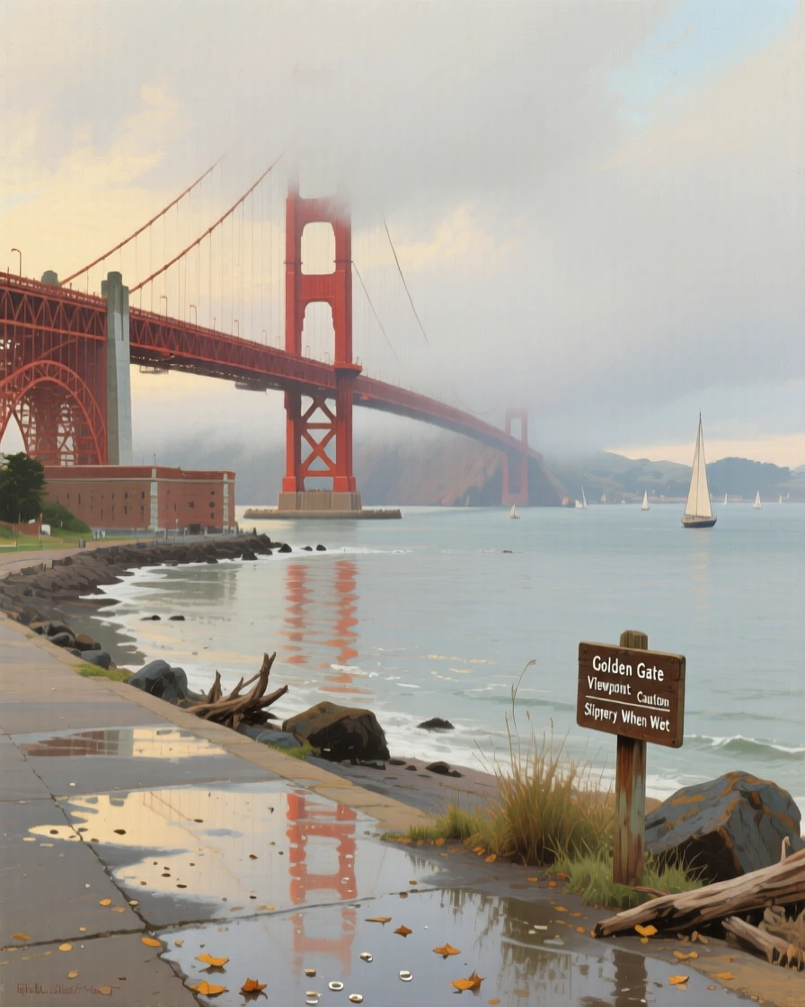 The Golden Gate Bridge emerging from a thick blanket of coastal fog, as reflections shimmer across nearby water or wet pavement, offering a striking, postcard-worthy view of an iconic destination