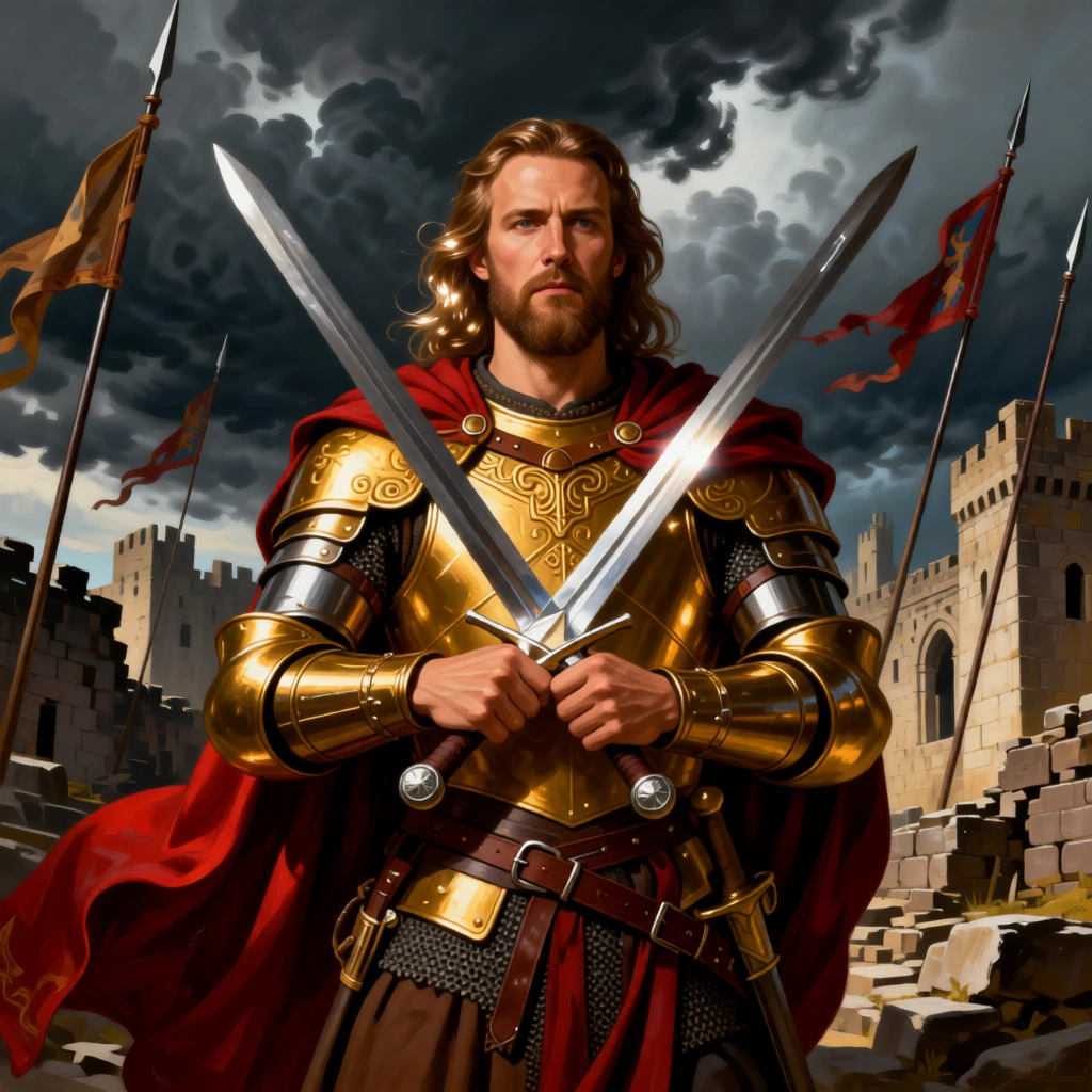 A Viking chieftain swearing an oath over crossed swords as thunder rolls across a darkening sky, set amid the ruins of a fallen citadel, with gilded armor catching the light and rich fabrics billowing in the wind; diagonal lines of spears and banners lead the eye to the central figure, evoking awe, destiny, and the weight of history.