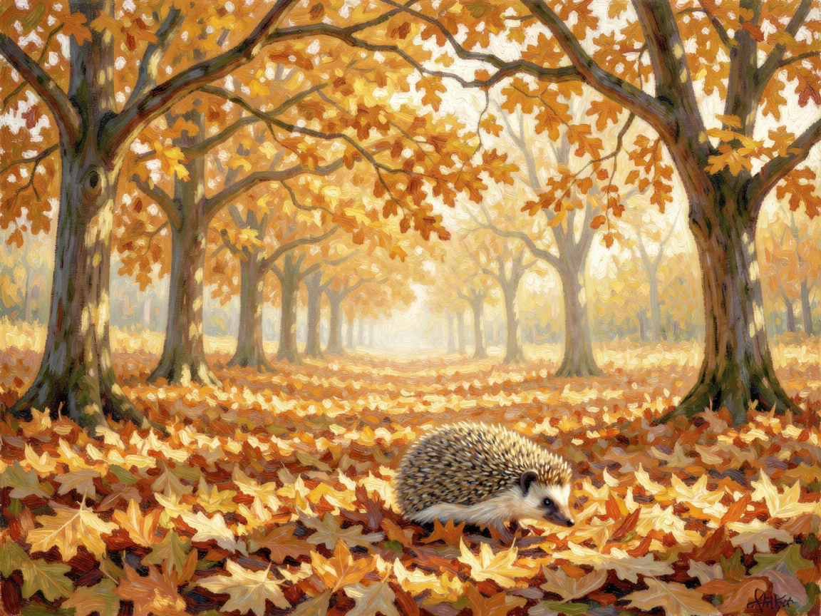 A hedgehog foraging among fallen autumn leaves beneath a canopy of golden oak trees, in the golden days of autumn, inspiring awe at the beauty of the scene.
