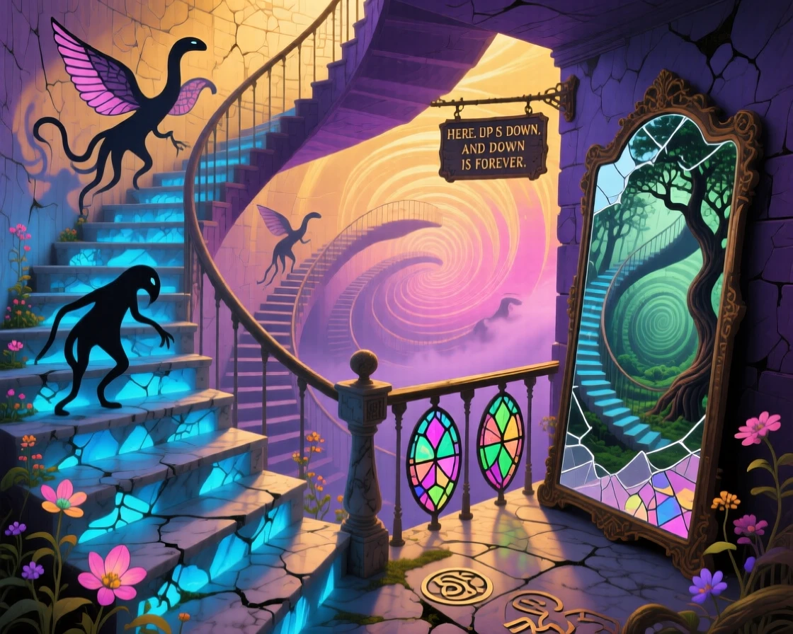An infinite staircase spiraling both upward and downward at once folds back upon itself in impossible geometry, as shadows move independently of the objects casting them.