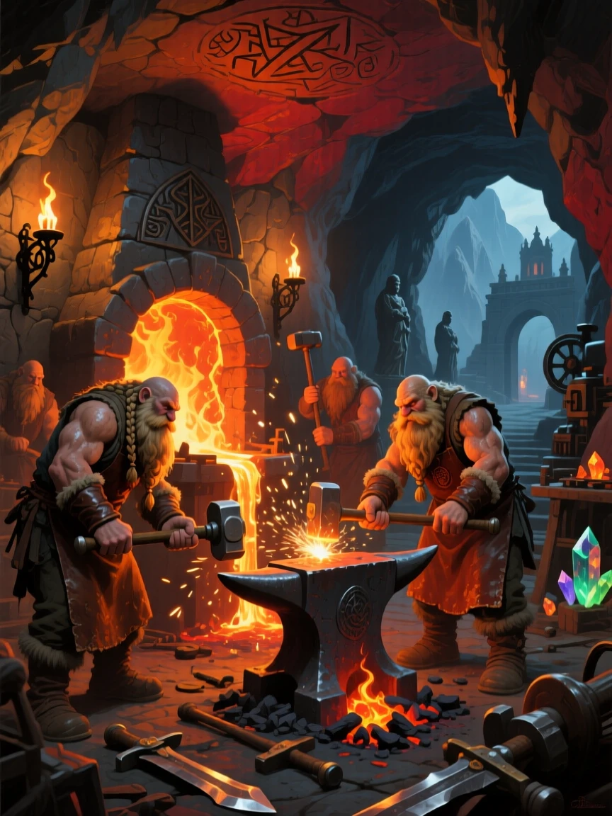 An ancient dwarven forge glows deep within a mountain, molten metal pouring as bearded smiths hammer glowing weapons beneath torchlit stone ceilings, distant elements hinting at a much larger world extending beyond what is visible.