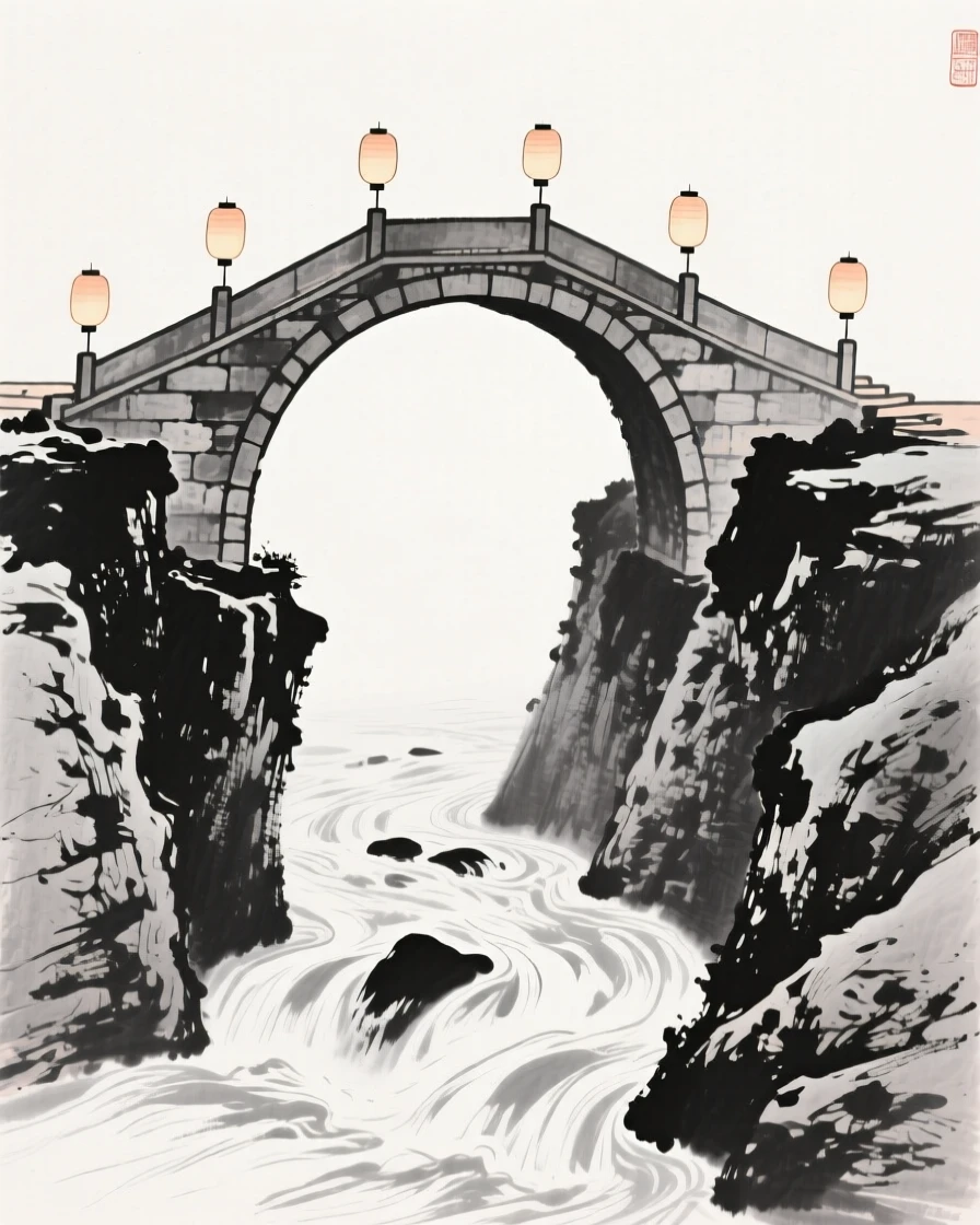 An arched stone bridge spans a narrow gorge above a rushing stream, with lanterns hanging along its railings.