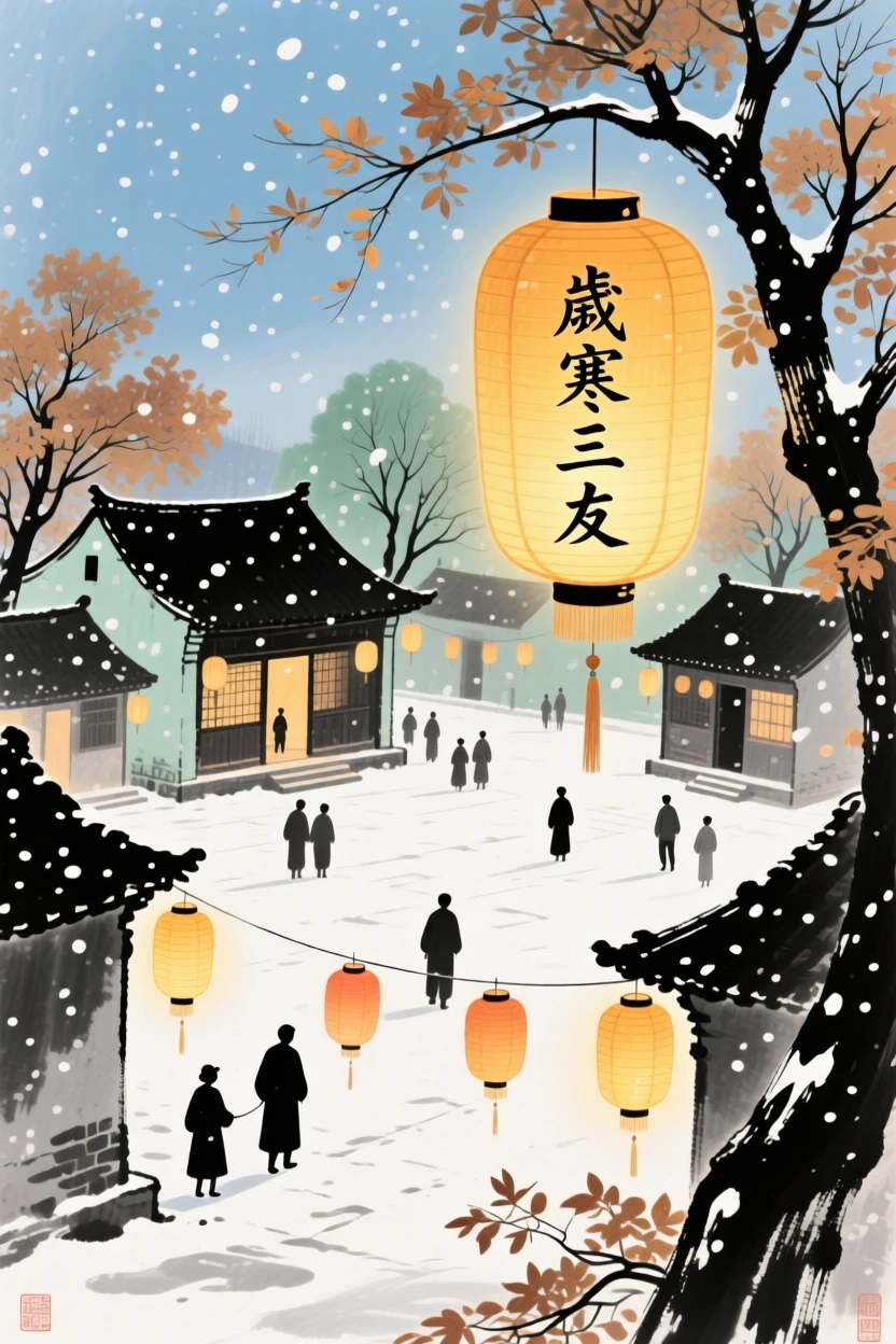 A lantern festival filling a village square with warm golden light, beneath softly falling snow, at the turn of autumn.