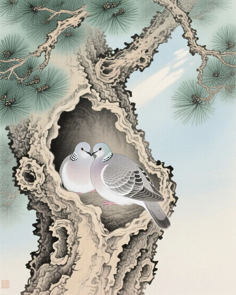 A pair of turtledoves nestled in a hollow of an old pine tree, soft morning light filtering through the branches