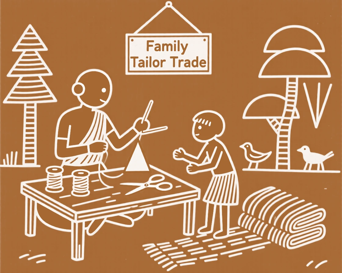 A tailor teaching a young apprentice the family trade.