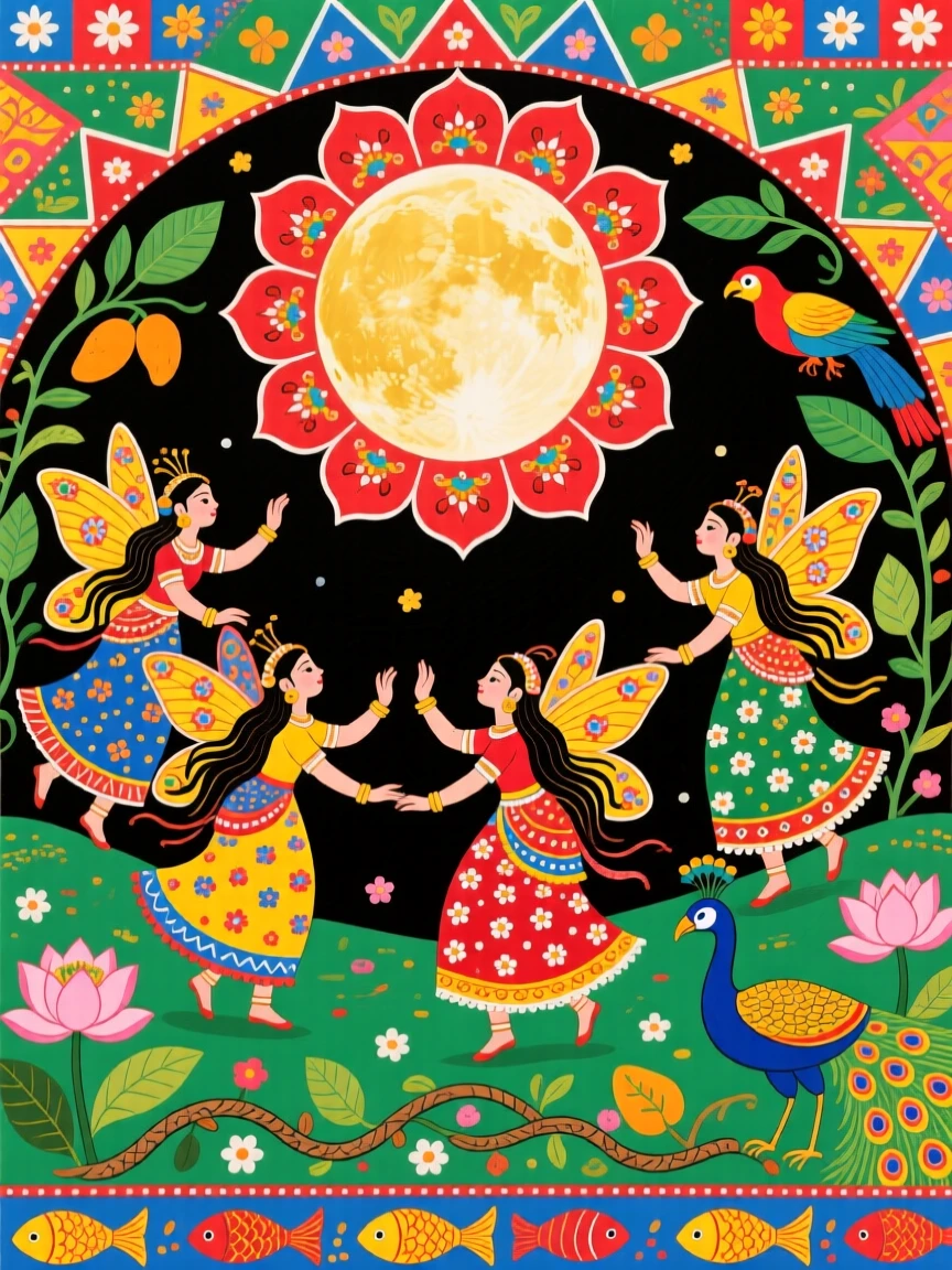 Fairies dancing in a circle beneath a full harvest moon.