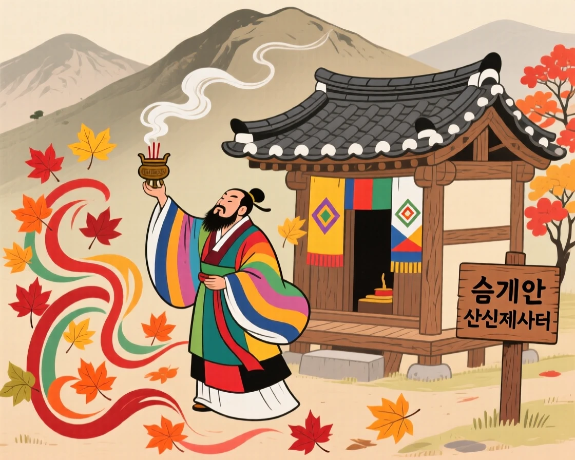 A village shaman offering incense at a hidden mountain shrine, with autumn leaves swirling in the wind.