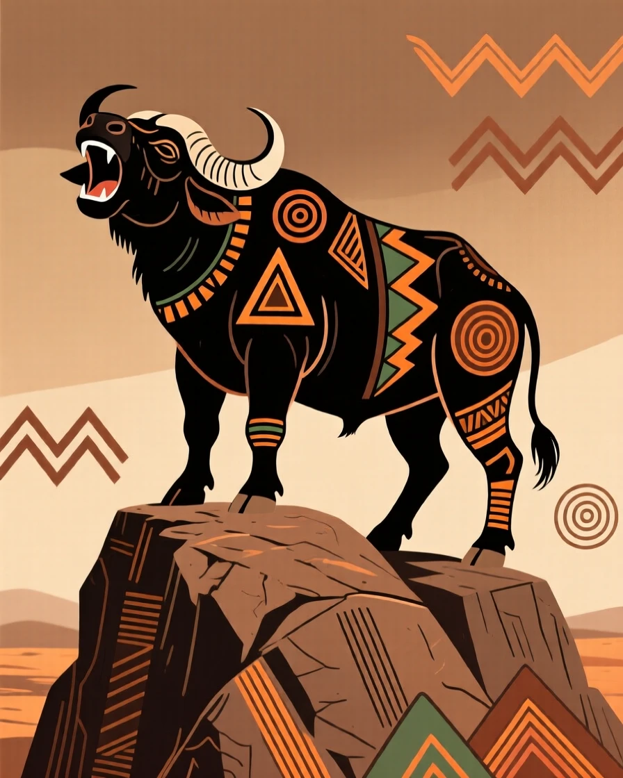 An African buffalo roaring atop a rocky outcrop.