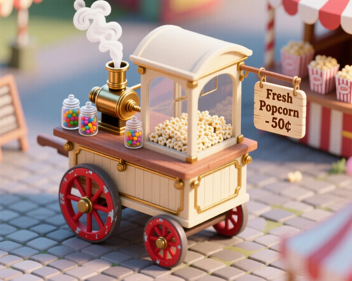 A vintage popcorn wagon parked at a carnival, its wheels painted bright red, steam curling from the popping machine on top.