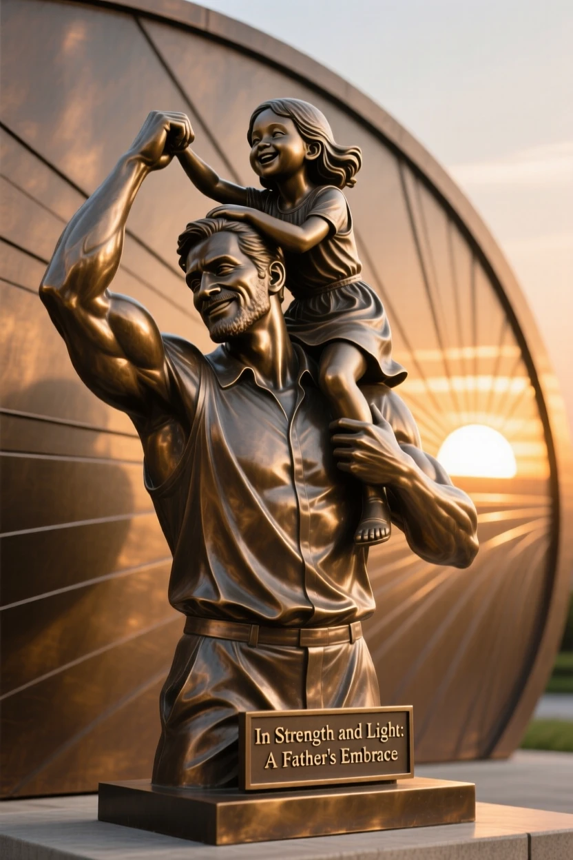 A father lifting his daughter onto his shoulders, silhouetted against a glowing horizon, forming a strong central focal point