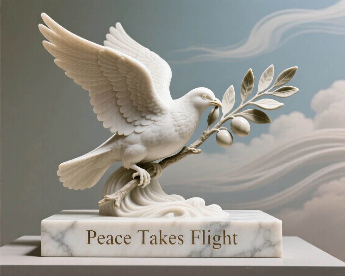 A symbolic, visually striking image of a dove carrying an olive branch across a peaceful sky, rich in meaning and emotional resonance