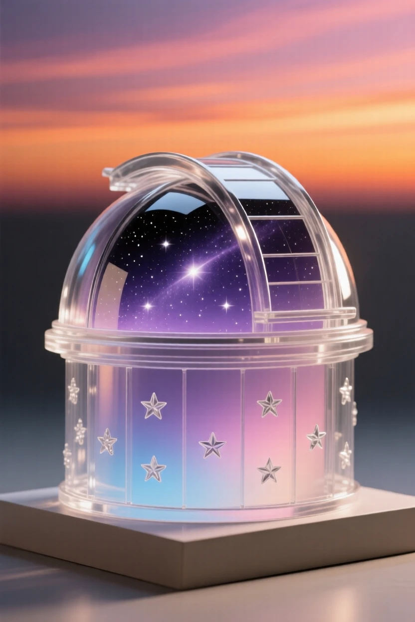 A domed observatory opening its roof to a starlit sky, beneath a sky streaked with the colors of sunset