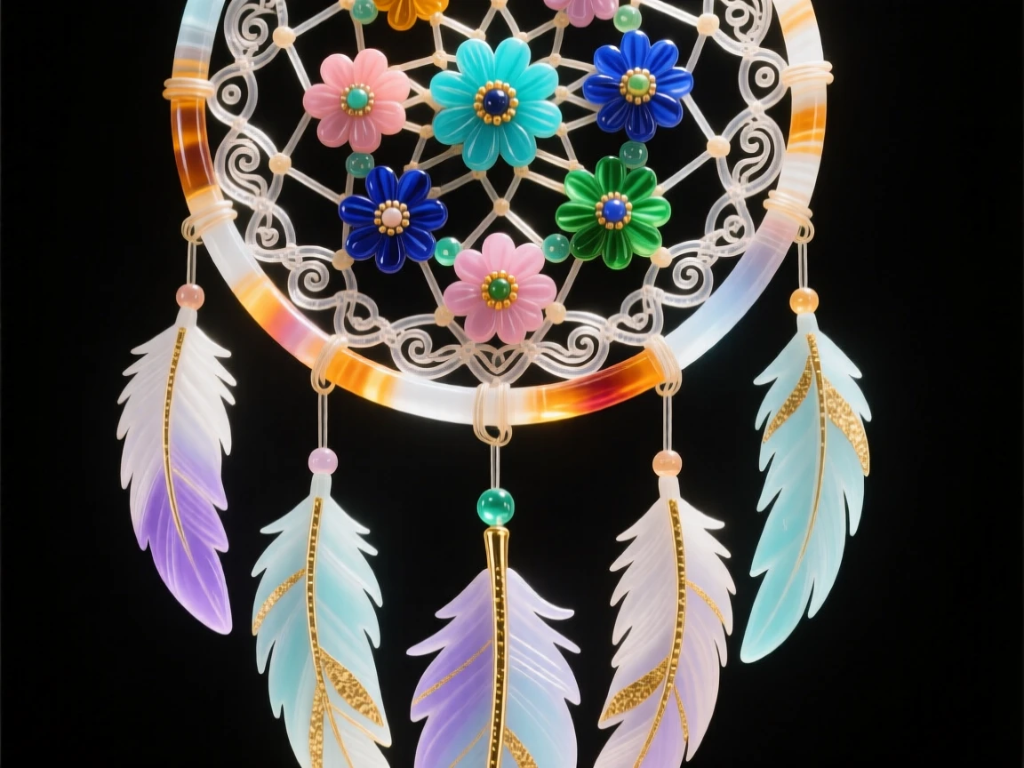A Native American dreamcatcher hanging in soft morning light, mystical and protective.