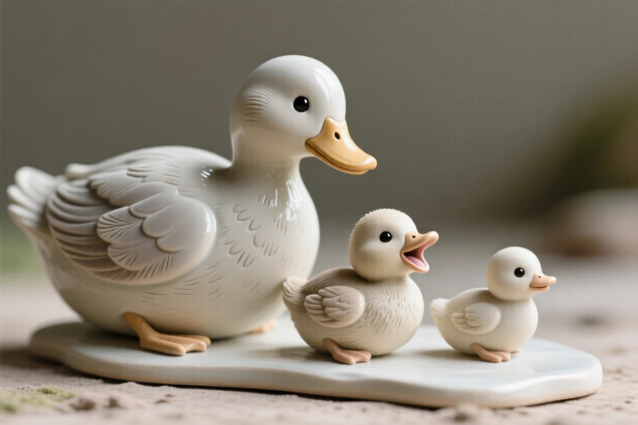 A tiny duckling following its mother in a row captured mid-yawn in a sleepy, sweet moment, with big round eyes full of innocent wonder, evoking pure, heartwarming sweetness.