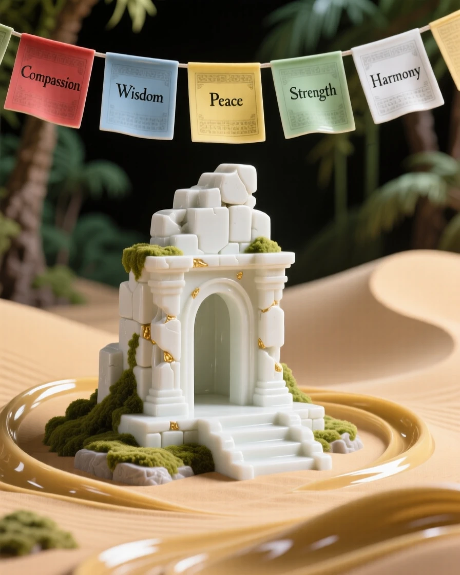A serene jungle ruin nestled in golden desert dunes, prayer flags fluttering gently in the breeze.