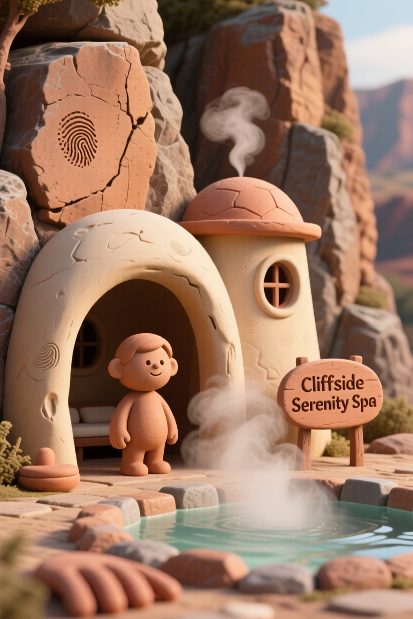 A cliffside spa carved into rock beside a steaming hot spring