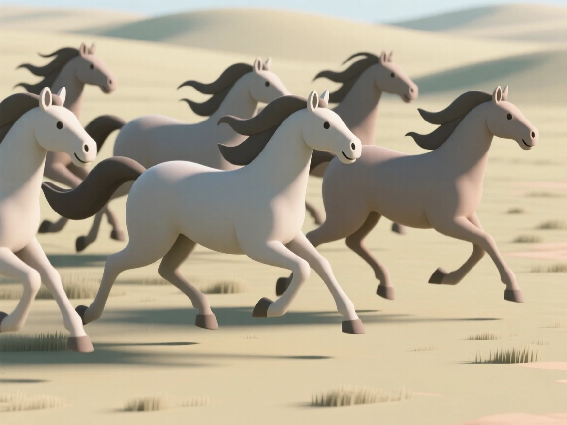 A herd of wild horses gallops together across an open plain, manes flying in unison.