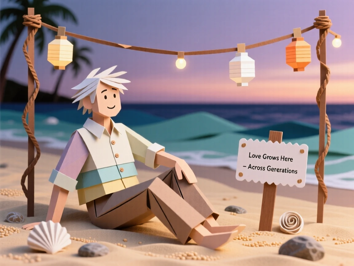 A dedicated gardener relaxing on a sandy beach at dusk, with string lights twinkling overhead, evoking love across generations.