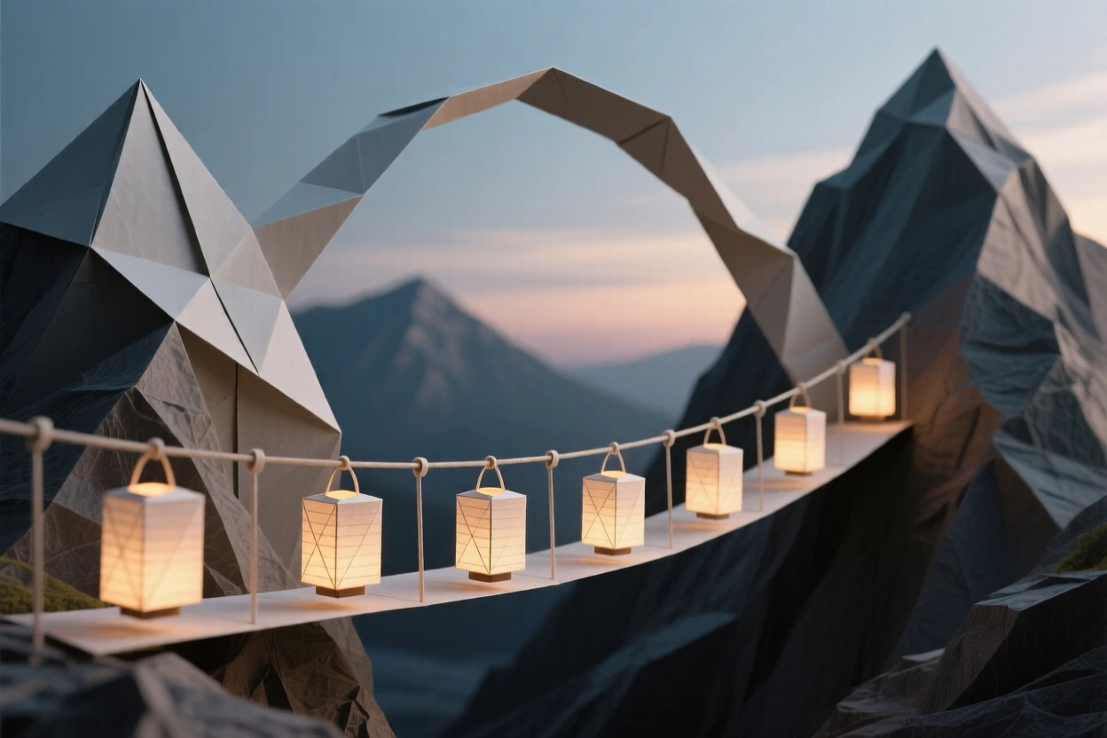 A sky bridge stretching between two mountain peaks, lanterns lighting the way at dusk.