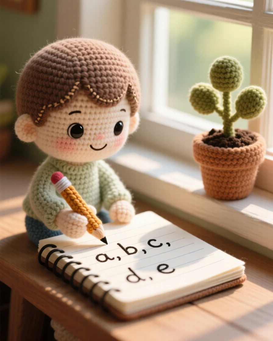 a small child practicing handwriting, with a pencil gripped carefully, forming careful letters on lined paper, in a sunlit windowsill overlooking a garden, with a small potted plant on the windowsill nearby, radiating quiet, unhurried domestic peace.