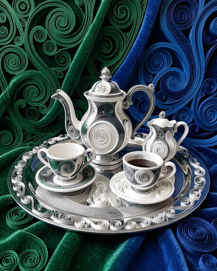 an elegant tea set arranged on a silver tray, in a plush velvet-lined boutique, composed with glossy reflective surfaces throughout, in deep jewel tones of emerald and sapphire.