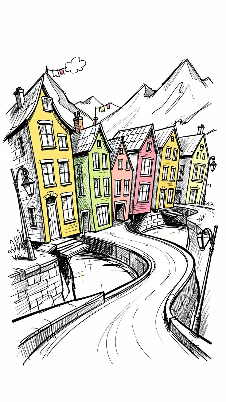 A row of colorful canal houses beside a winding mountain road.