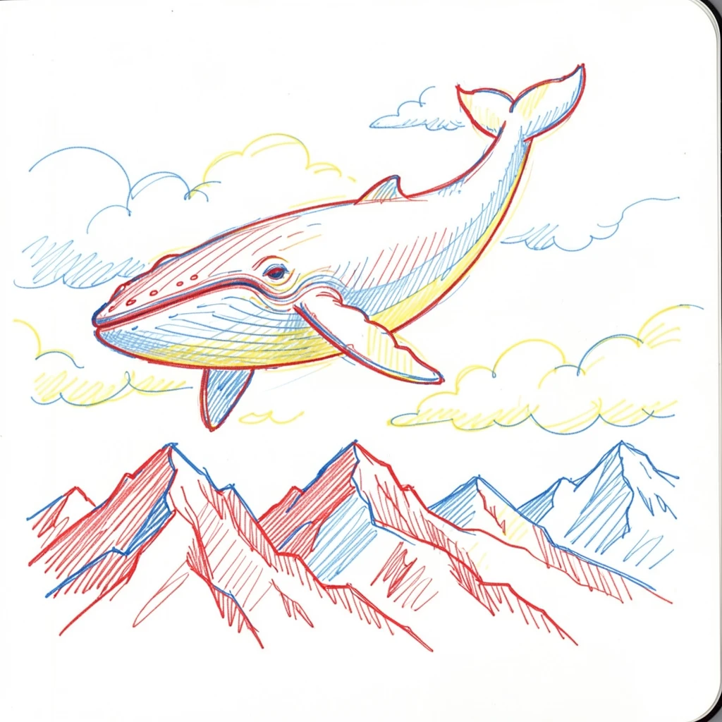 A sky whale drifting peacefully through clouds above a mountain range