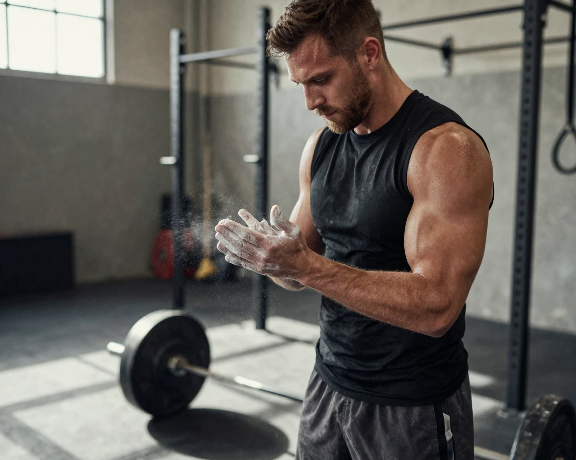 A weightlifter chalking hands before a deadlift