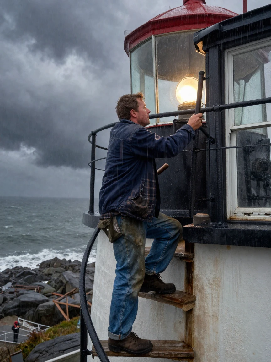 A lighthouse keeper climbs a spiral staircase to light a lamp as a storm rolls in.