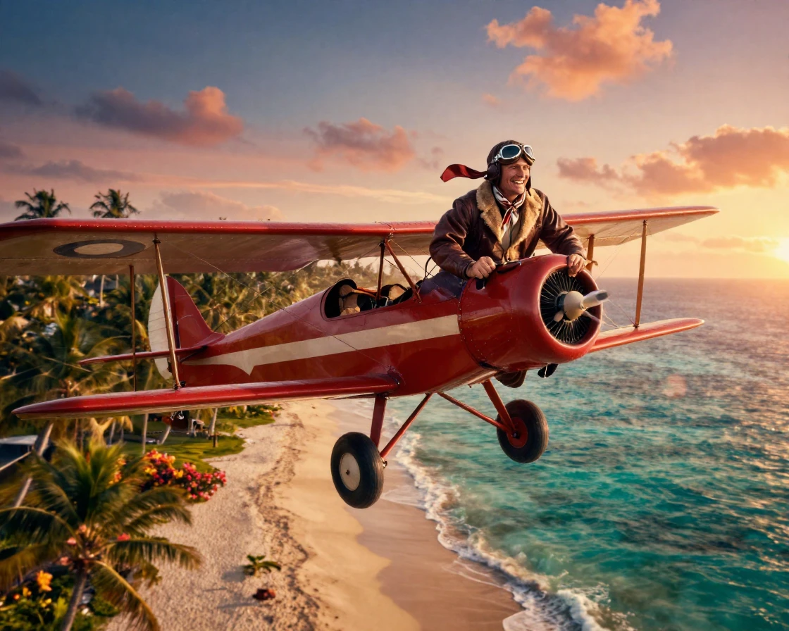 A vintage biplane pilot grinning while flying low over a tropical coastline