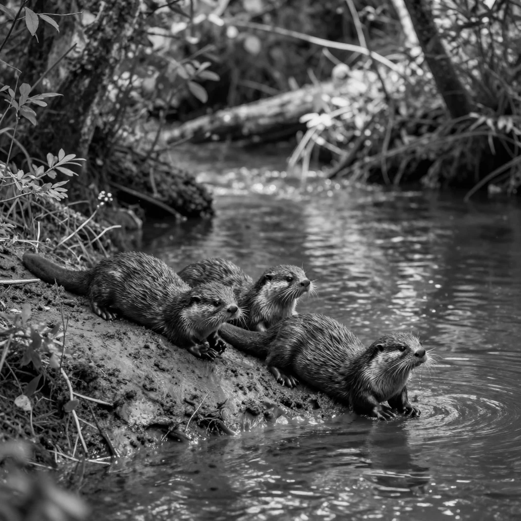 A family of otters slides down a muddy riverbank along a quiet forest river.