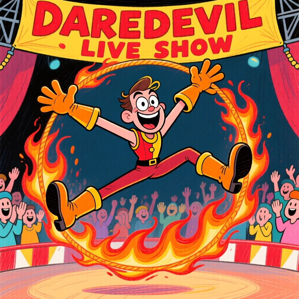 A stunt performer leaping through a ring of fire during a live show.