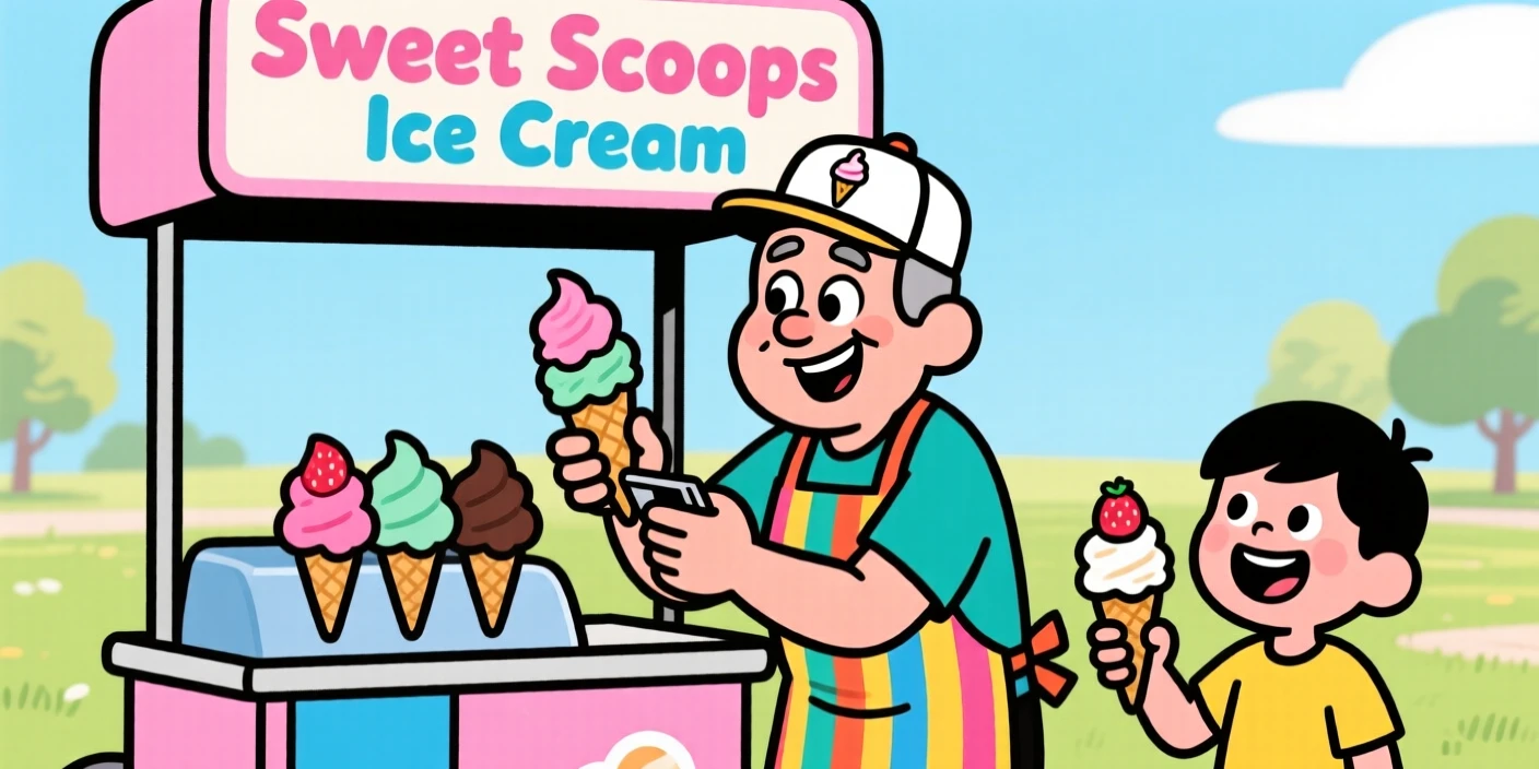 A vibrant profession-themed portrait of a cheerful ice cream vendor carefully double-checking every last detail, with a satisfied customer nearby.