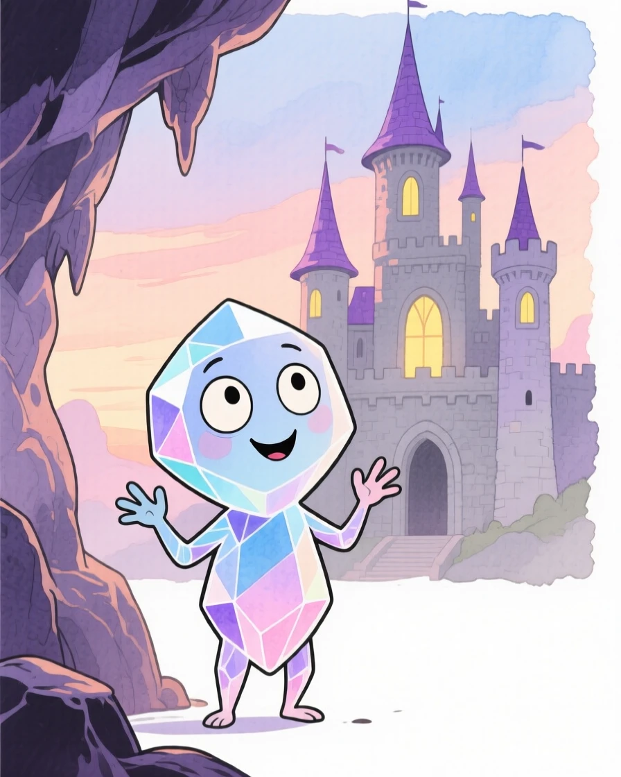A crystal cave dweller standing before an ancient castle at dusk