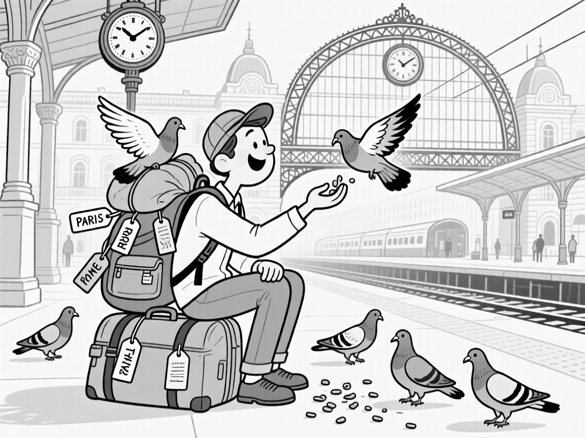 A traveler feeding pigeons in a grand old square, sitting triumphantly atop the overstuffed bag, set at a bustling train station platform. Luggage tags flutter from an overstuffed backpack. The image feels like a postcard brought playfully to life.