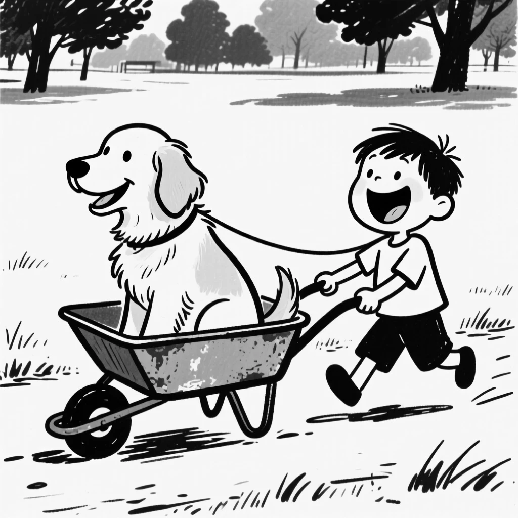 A golden retriever sitting in a wagon being pulled through a park by a delighted kid.
