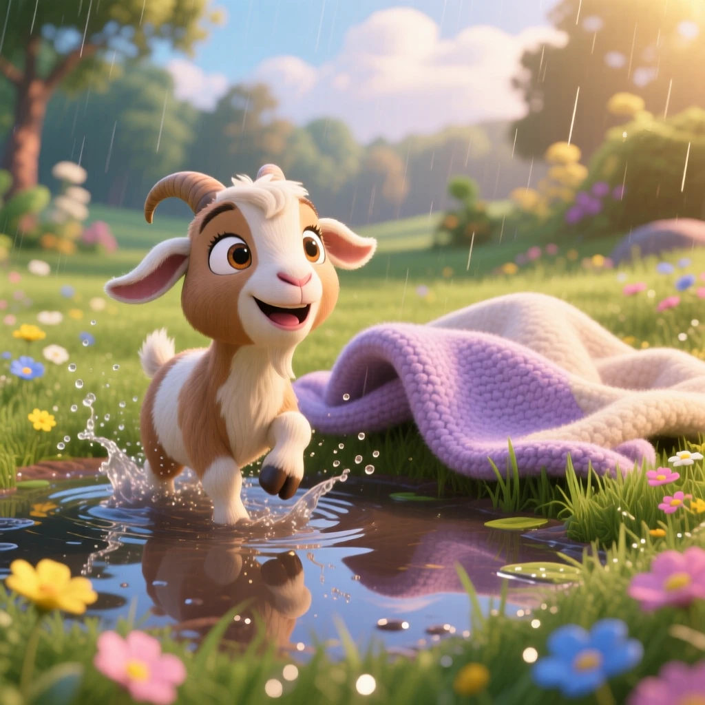 A small pygmy goat is splashing in a shallow puddle after rain, nuzzling against a soft blanket. Playful joy radiates from the small creature, with its whiskers twitching gently.