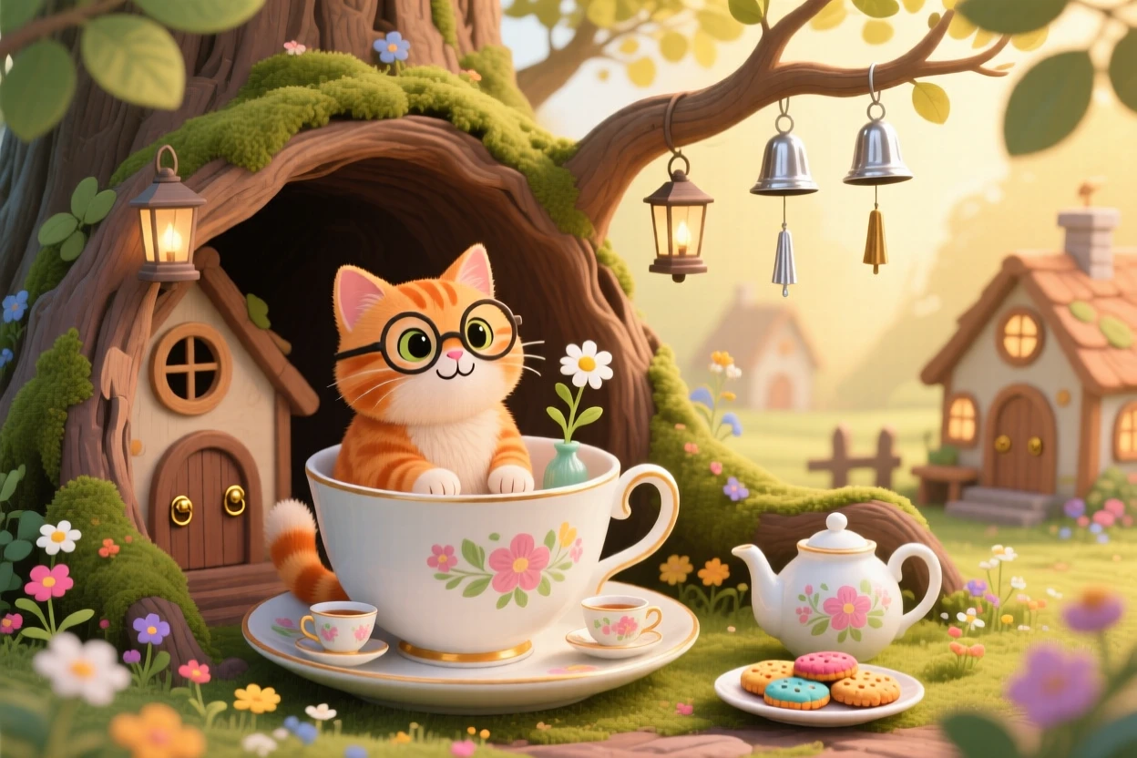 A cat wearing tiny spectacles delights in hosting a tea party at the bottom of a teacup, tucked within a village built inside a hollowed-out log, while soft chimes ring from unseen bells.