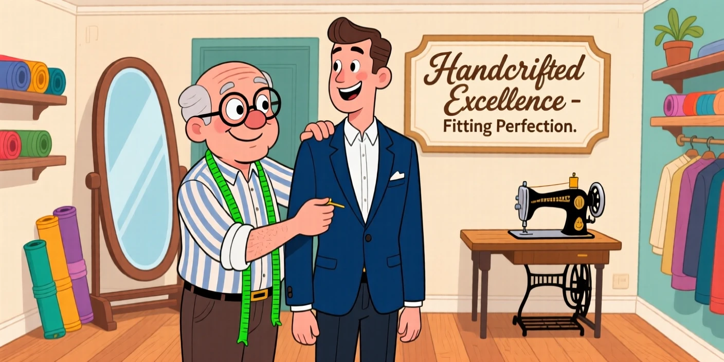 A tailor fitting a suit for a customer in a small boutique.